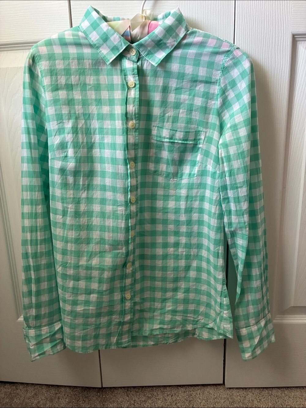 J. Crew Mint Green and White Gingham Button-Down Shirt